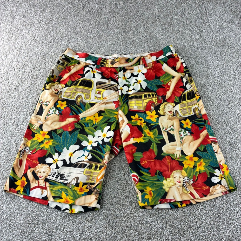 Loudmouth Golf Shorts Size 34 Pin Up Woody Car‎ Hawaiian Print Cotton Lycra